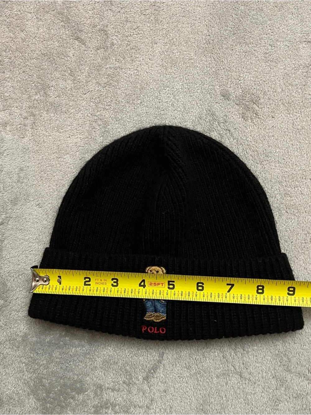 POLO RALPH LAUREN Men's Flag Bear Black Rib-Knit Wool-Blend Beanie Hat